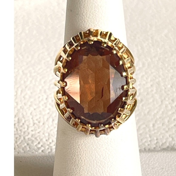 Jewelry - Vintage 18KT HGF Gold Filled Smoky Brown Gemstone Cocktail Ring Size 6 8g